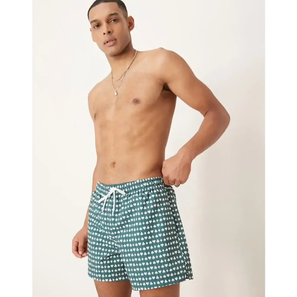 Abercrombie & Fitch Men’s Stretch Swim Short Teal Green Diamond Heart Spade EUC